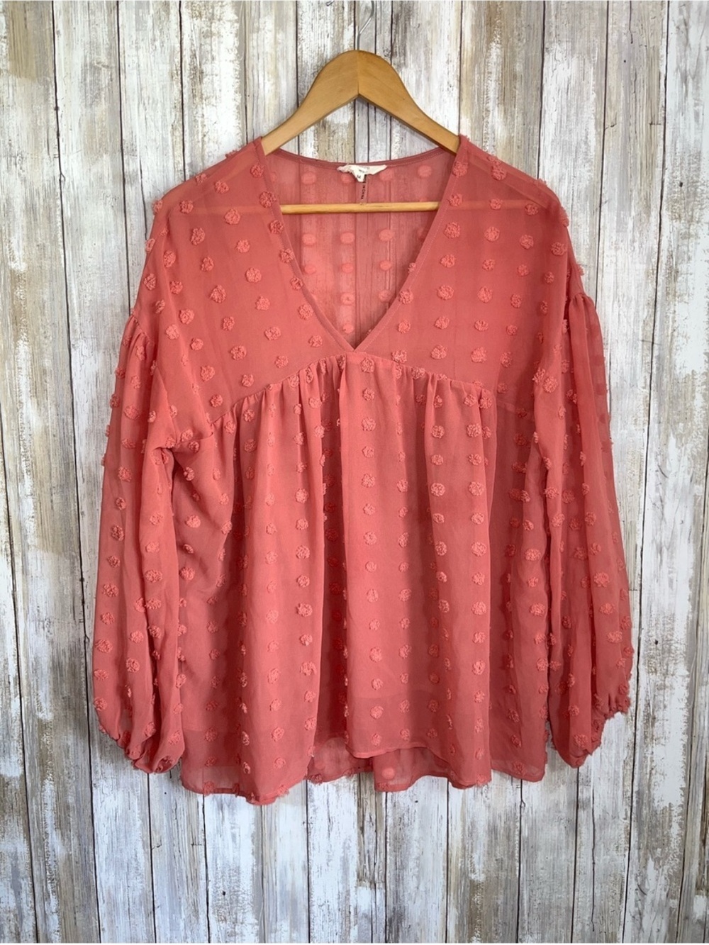 Entro Swiss Dot Blouse Medium Coral Pink Boho Babydoll Sheer Top
